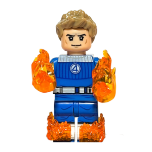 Minifigura de colección de la Antorcha Humana (Johnny Storm) de Marvel Cuatro Fantásticos, con cuerpo y cabeza de color naranja brillante simulando fuego, portando accesorios translúcidos de llamas en las manos, sobre fondo blanco.