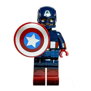 Minifigura de colección de Capitán América (Steve Rogers) de Marvel, con traje táctico azul con estrella en el pecho, casco protector con la letra A y sosteniendo su escudo redondo rojo, blanco y azul sobre fondo blanco.