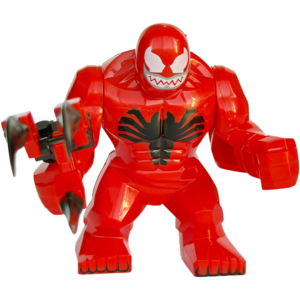 Figura gigante (BigFig) de colección de Carnage de Marvel Spider-Man, mostrando un cuerpo masivo y extremadamente musculoso de color rojo sangre, cubierto por intrincados patrones caóticos negros y venas en relieve, brazos articulados gruesos, y un rostro aterrador con mandíbula llena de colmillos afilados, sobre fondo blanco.