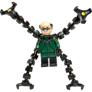 Minifigura de colección de Doctor Octopus basada en el videojuego Marvel's Spider-Man, vistiendo un traje táctico blindado verde y amarillo, destacando cuatro largos brazos mecánicos grises y articulados que salen de su espalda, sobre fondo blanco.
