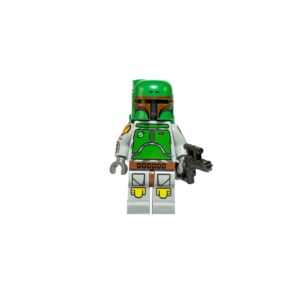 Minifigura de colección de Boba Fett de Star Wars con diseño clásico y retro, sobre un fondo negro puro. Luce una armadura verde brillante y sencilla impresa sobre un traje gris claro, con su clásico casco mandaloriano puesto. Sostiene en su mano izquierda un rifle bláster negro de diseño antiguo.