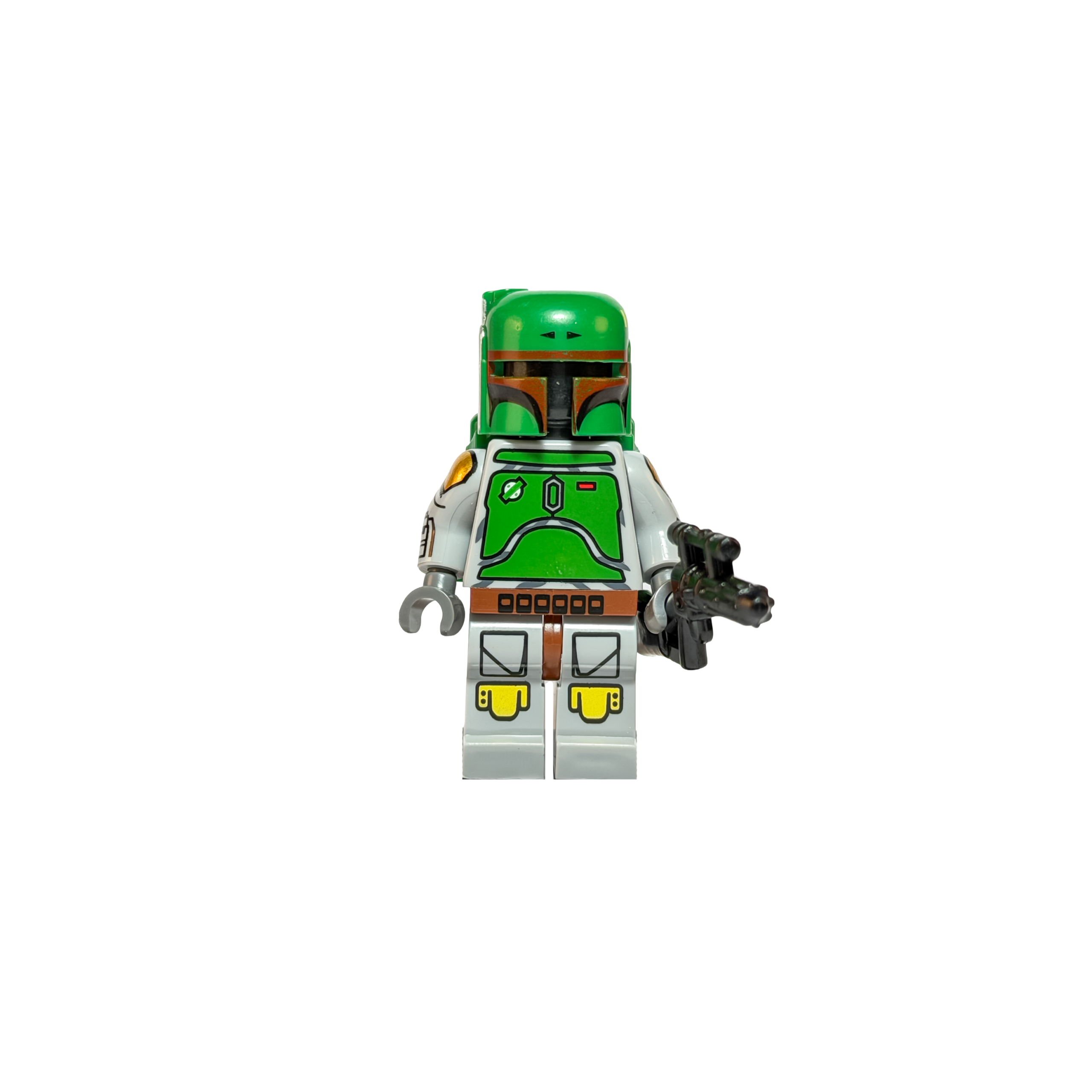 Minifigura de colección de Boba Fett de Star Wars con diseño clásico y retro, sobre un fondo negro puro. Luce una armadura verde brillante y sencilla impresa sobre un traje gris claro, con su clásico casco mandaloriano puesto. Sostiene en su mano izquierda un rifle bláster negro de diseño antiguo.