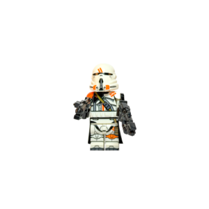 Minifigura de colección de un Clone Airborne Trooper (Soldado Aerotransportado) del Batallón 212 de Star Wars, sobre fondo negro. Luce armadura blanca con marcas naranjas, correa táctica en el pecho, casco de paracaidista especializado, un kama oscuro en la cintura y empuña dos armas bláster negras.
