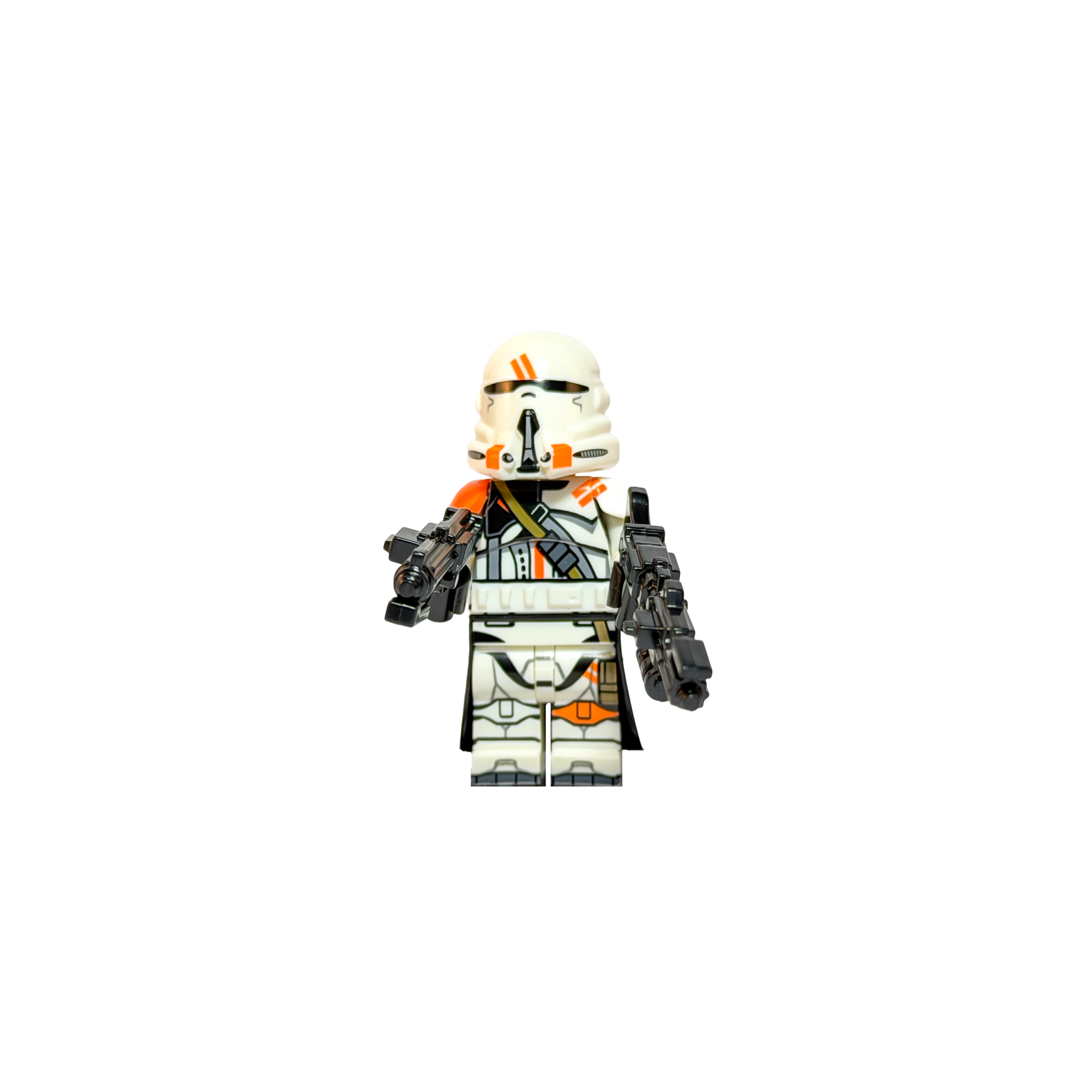 Minifigura de colección de un Clone Airborne Trooper (Soldado Aerotransportado) del Batallón 212 de Star Wars, sobre fondo negro. Luce armadura blanca con marcas naranjas, correa táctica en el pecho, casco de paracaidista especializado, un kama oscuro en la cintura y empuña dos armas bláster negras.