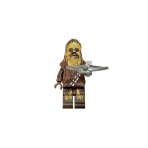 Minifigura de colección del wookiee Chewbacca de Star Wars sobre un fondo negro puro. Luce su característico pelaje marrón con detalles más claros en el rostro y piernas, y una bandolera plateada cruzando su pecho. Sostiene apuntando hacia adelante una ballesta wookiee (bowcaster) de color gris plateado.