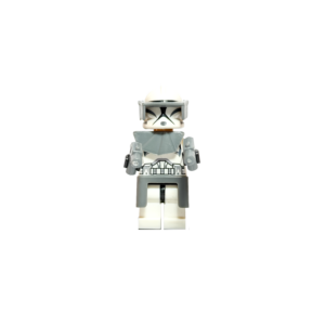 Minifigura de colección de un Comandante Clon de Star Wars con armadura Fase 1, sobre un fondo blanco y posado en una base negra. Lleva la clásica armadura blanca y está equipado con accesorios tácticos grises: un visor bajado sobre el casco, hombrera de mando y faldón. Empuña dos pistolas bláster de color gris.