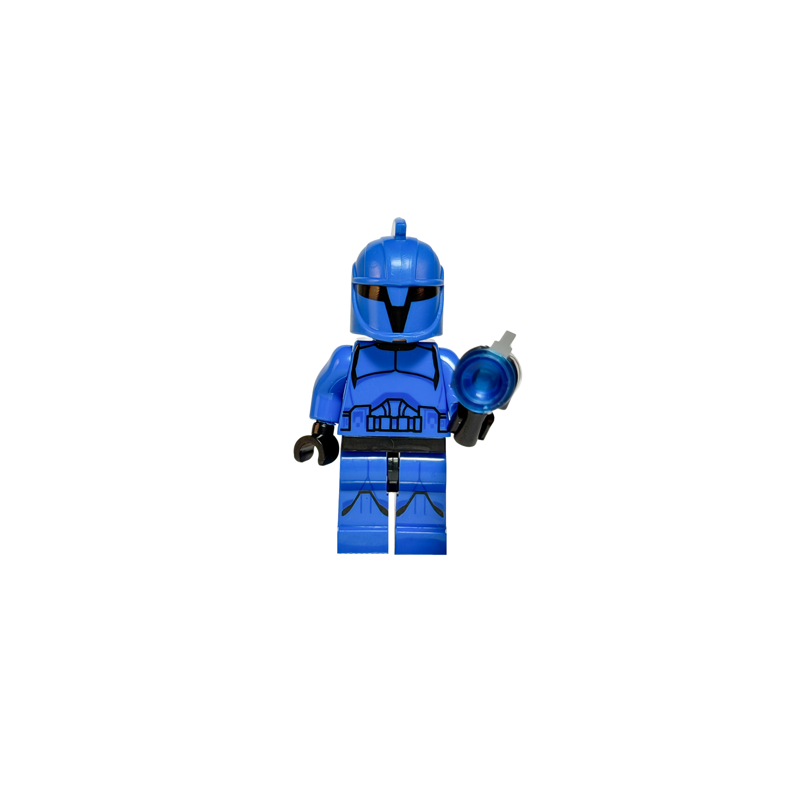 Minifigura de colección de un Comando del Senado (Senate Commando) de Star Wars, sobre un fondo negro sólido. Viste una armadura completa y casco con cresta superior en color azul brillante con detalles de visera negros. Apunta hacia adelante un arma negra que tiene una pieza cilíndrica azul translúcida en la punta.