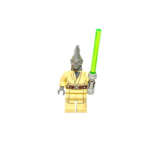 Minifigura de colección del Maestro Jedi Coleman Trebor de Star Wars sobre un fondo negro puro. Es un alienígena de piel gris con una cresta alta en la cabeza. Viste una túnica Jedi color arena con un cinturón marrón impreso, y sostiene apuntando hacia arriba un sable de luz verde brillante.