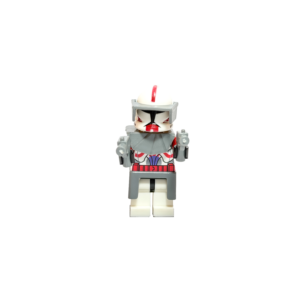 Minifigura de colección del Comandante Fox de Star Wars en su diseño clásico Fase 1, sobre un fondo blanco y posado en una base negra. Viste armadura blanca con franjas y marcas rojas en el casco y torso. Lleva equipamiento gris completo que incluye un visor bajado, hombrera y faldón. Empuña dos pistolas bláster grises.
