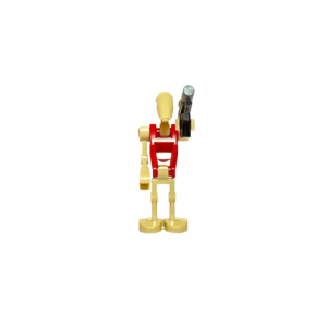 Minifigura de colección de un Droide de Batalla B1 de Star Wars sobre un fondo negro puro. Posee un diseño de cuerpo mecánico esquelético de color arena, con el torso y un detalle en la cabeza pintados en un color distintivo (rojo, azul o amarillo). Sostiene un rifle bláster negro básico.