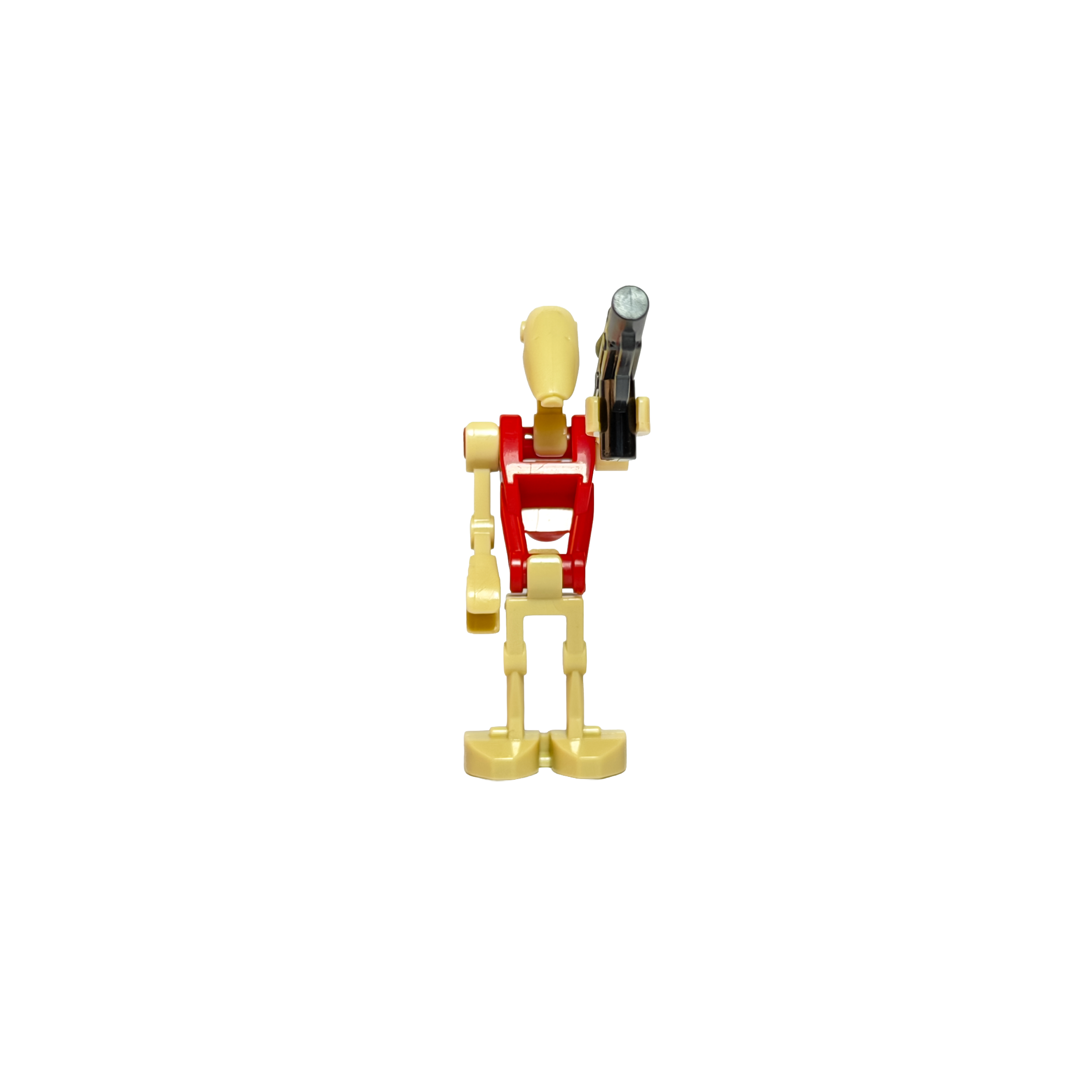Minifigura de colección de un Droide de Batalla B1 de Star Wars sobre un fondo negro puro. Posee un diseño de cuerpo mecánico esquelético de color arena, con el torso y un detalle en la cabeza pintados en un color distintivo (rojo, azul o amarillo). Sostiene un rifle bláster negro básico.