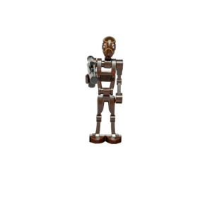 Minifigura de colección de un Droide de Comando BX de Star Wars sobre un fondo negro puro. Tiene un cuerpo de diseño mecánico esquelético en color marrón oscuro. Su cabeza presenta un diseño angular táctico con marcas blancas y ojos amarillos impresos. Sostiene un rifle bláster negro en su mano apuntando hacia el frente.