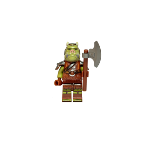 Minifigura de colección de un Guardia Gamorreano de Star Wars sobre un fondo negro puro. Es un corpulento alienígena de piel verde con rostro parecido al de un jabalí y pequeños cuernos. Viste una armadura primitiva de color marrón que simula cuero y pelaje, con hombreras metálicas plateadas. Sostiene verticalmente una gran hacha de batalla gris con mango marrón.