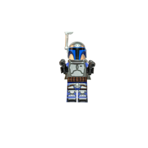 Minifigura de colección de Jango Fett de Star Wars sobre un fondo negro puro. Viste una armadura mandaloriana con placas plateadas brillantes y detalles en azul eléctrico. Su casco plateado tiene un visor negro y una antena lateral gris. Sostiene apuntando hacia adelante dos pistolas bláster negras, una en cada mano.