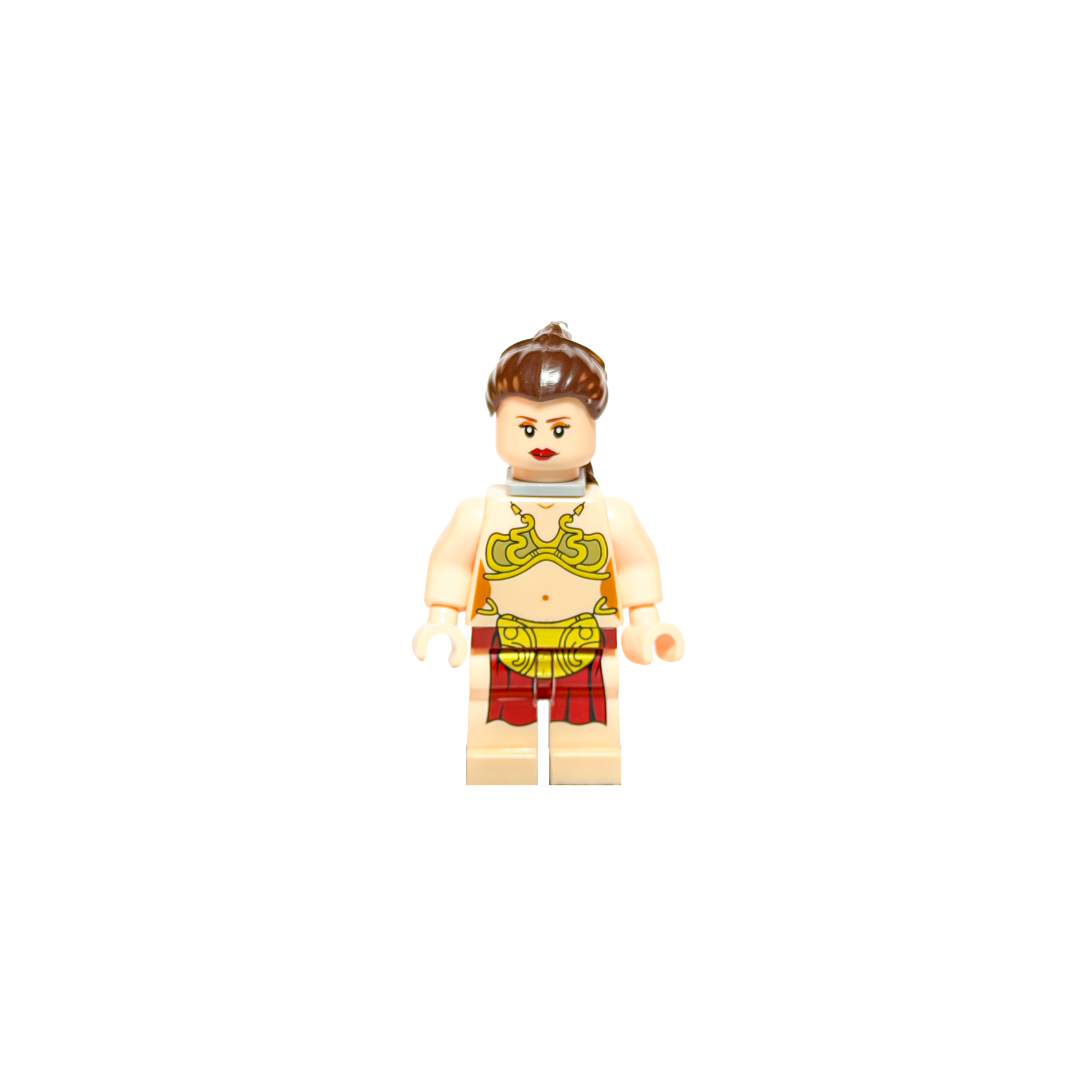 Minifigura de colección de la Princesa Leia (versión esclava) de Star Wars sobre un fondo negro puro. Viste el icónico traje metálico dorado con detalles rojos. Tiene un peinado castaño recogido hacia atrás y un collar gris plateado alrededor del cuello. Sus manos están vacías y su expresión es decidida.