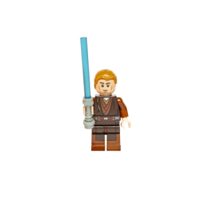 Minifigura de colección del Padawan Anakin Skywalker de Star Wars (El Ataque de los Clones), sobre un fondo negro sólido. El personaje viste una túnica Jedi marrón con una trenza de aprendiz impresa en el pecho, tiene cabello corto castaño claro, y empuña firmemente un sable de luz azul con una empuñadura gris gruesa y detallada.