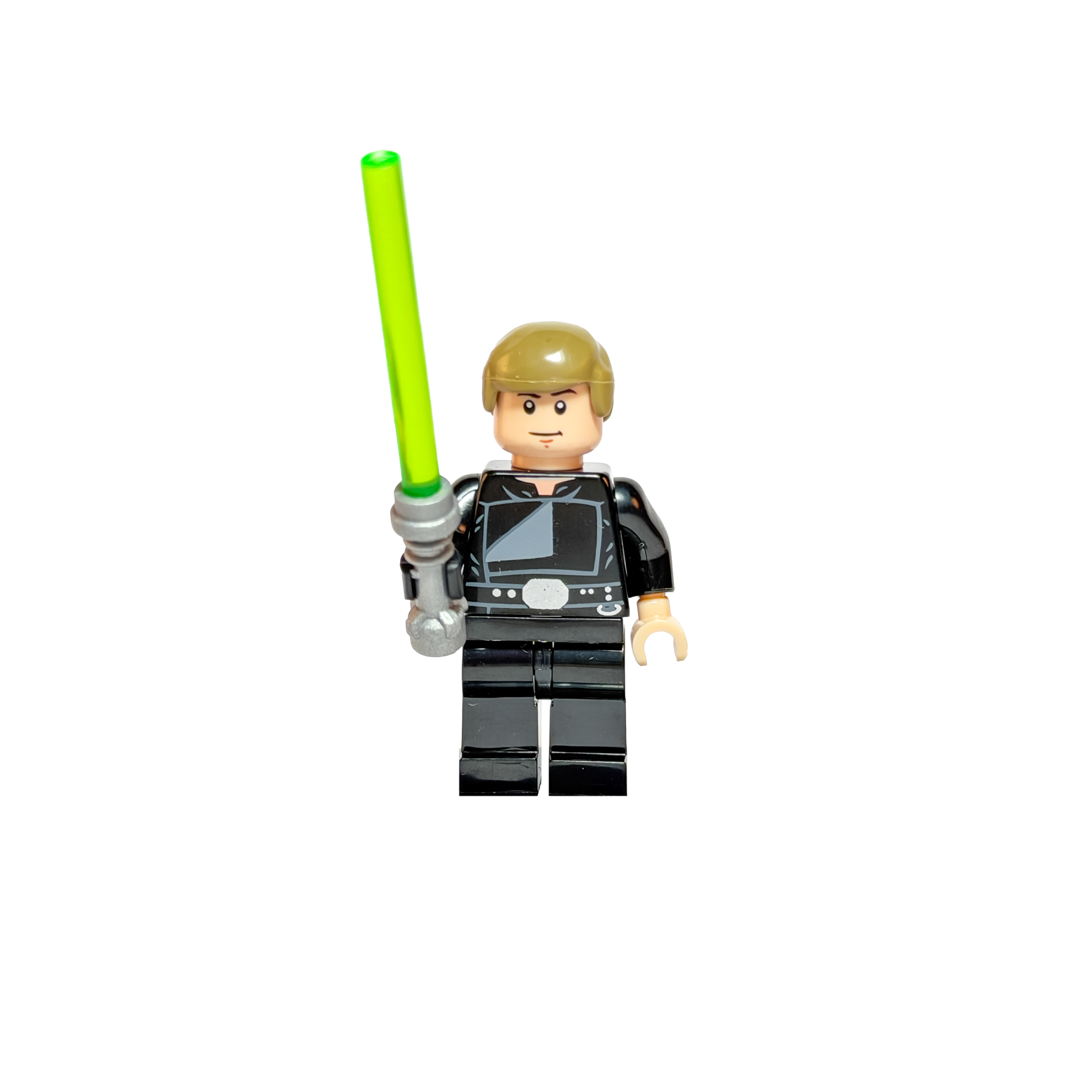 Minifigura de colección de Luke Skywalker de Star Wars sobre un fondo negro puro. Viste un traje de Caballero Jedi completamente negro con un detalle gris en el pecho y cinturón plateado. Tiene cabello castaño claro y sostiene verticalmente un sable de luz verde brillante con empuñadura gris.