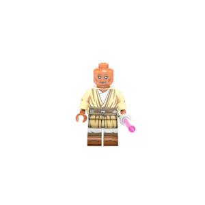 Minifigura de colección del Maestro Jedi Mace Windu de Star Wars sobre un fondo negro puro. Es un hombre calvo de piel oscura con túnicas Jedi beige y blancas con pliegues detallados. Lleva un cinturón marrón con cápsulas doradas y sostiene un sable de luz púrpura brillante con empuñadura gris.
