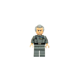 Minifigura de colección del Gran Moff Tarkin de Star Wars sobre un fondo negro puro. Viste un uniforme de oficial imperial gris oliva con una placa de rango de colores rojo y azul en el pecho. Tiene el cabello gris peinado hacia atrás y una expresión seria y arrugada. Sus manos son de color piel y la figura está en una pose firme.