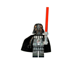 Minifigura de colección de Darth Vader de Star Wars, sobre fondo negro. Luce su icónica armadura negra completa con el panel de control del pecho detallado, capa de tela negra fluida y su casco característico, mientras empuña un sable de luz rojo brillante.