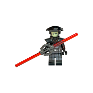 Minifigura de colección del Quinto Hermano de Star Wars sobre un fondo negro puro. Es un alienígena de piel gris con marcas faciales y armadura gris oscuro con hombreras. Lleva un casco negro de forma aplanada y ancha. Sostiene en diagonal un sable de luz de doble hoja roja con una empuñadura circular característica de los inquisidores.