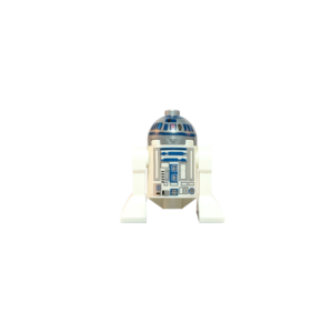 Figura de colección del droide R2-D2 de Star Wars sobre un fondo negro puro. El droide tiene un cuerpo cilíndrico blanco con paneles azules y grises detallados. Su cabeza es una cúpula plateada con sensores azules y pequeños puntos de color. Tiene dos patas blancas laterales y está posado de frente.