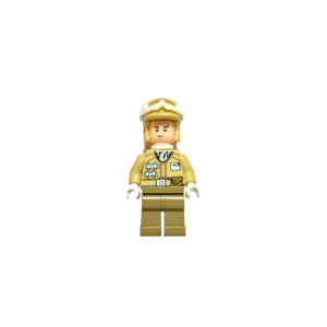 Minifigura de colección de un Soldado Rebelde de Hoth de Star Wars sobre un fondo negro puro. Viste un uniforme acolchado color arena o beige con detalles de bolsillos e insignias en el pecho. Lleva un casco a juego con unas antiparras blancas en la parte superior. La figura tiene una expresión seria y las manos son blancas, simulando guantes de nieve.