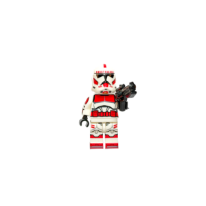 "¡Por orden del Canciller, depongan sus armas!" La fuerza de seguridad definitiva de la República Galáctica. Minifigura de Shock Trooper, destacando por su icónica armadura blanca con marcas rojas de la Guardia de Coruscant, casco Fase II detallado y rifle bláster pesado.