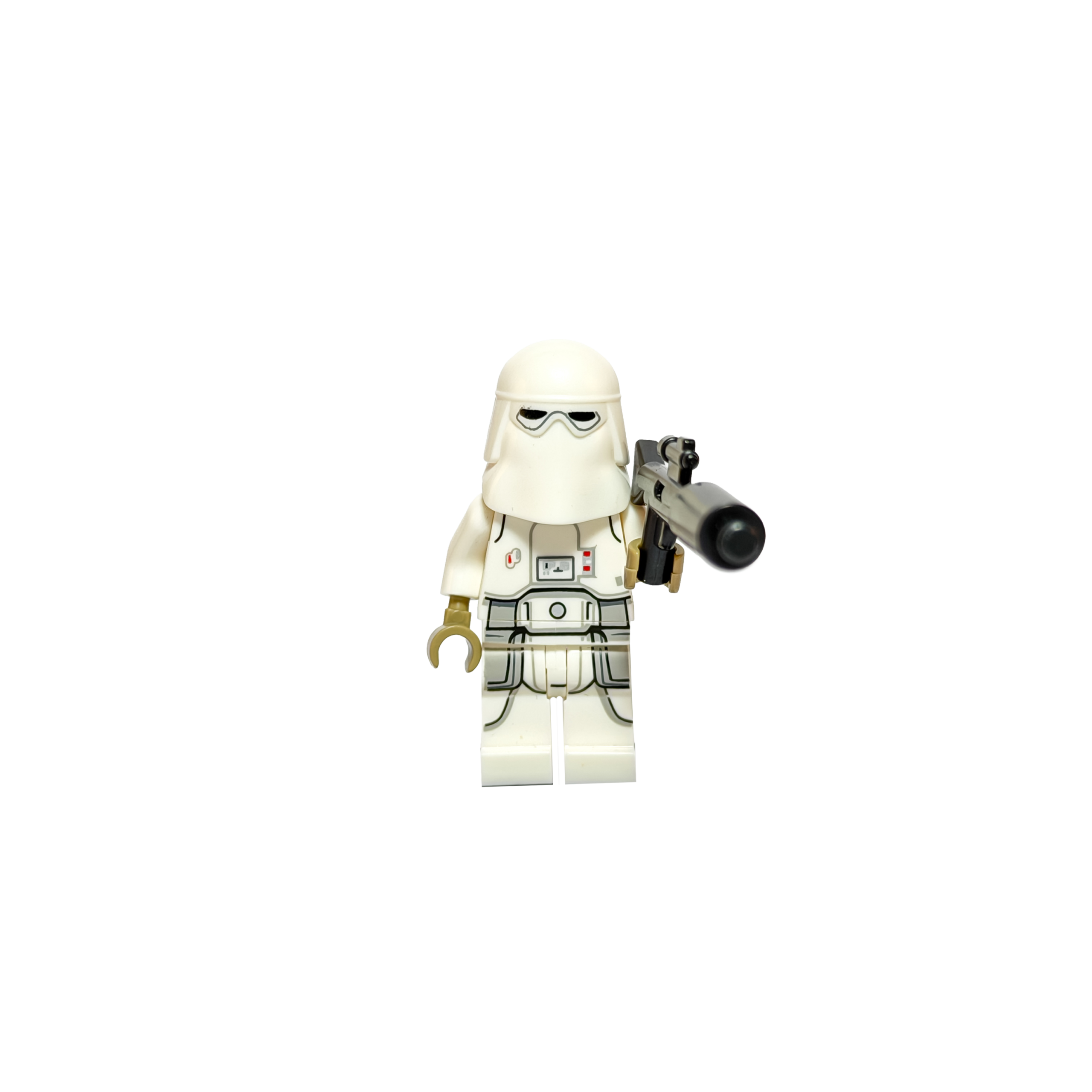 Minifigura de colección de un Snowtrooper de Star Wars sobre un fondo negro puro. Viste una armadura blanca completa con detalles técnicos de soporte vital en el pecho y las piernas. El casco es blanco y cubre todo el rostro, dejando ver solo un visor negro estrecho. Sostiene un rifle bláster negro largo apuntando hacia adelante en posición de combate.