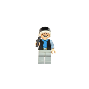 Minifigura de colección de un Soldado de la Flota Rebelde de Star Wars sobre un fondo negro puro. Viste una camisa azul claro, chaleco negro y pantalones gris claro. Su casco es blanco con una gran visera negra brillante en la parte superior. Tiene una expresión sonriente con barba ligera y sostiene un bláster negro apuntando hacia adelante.