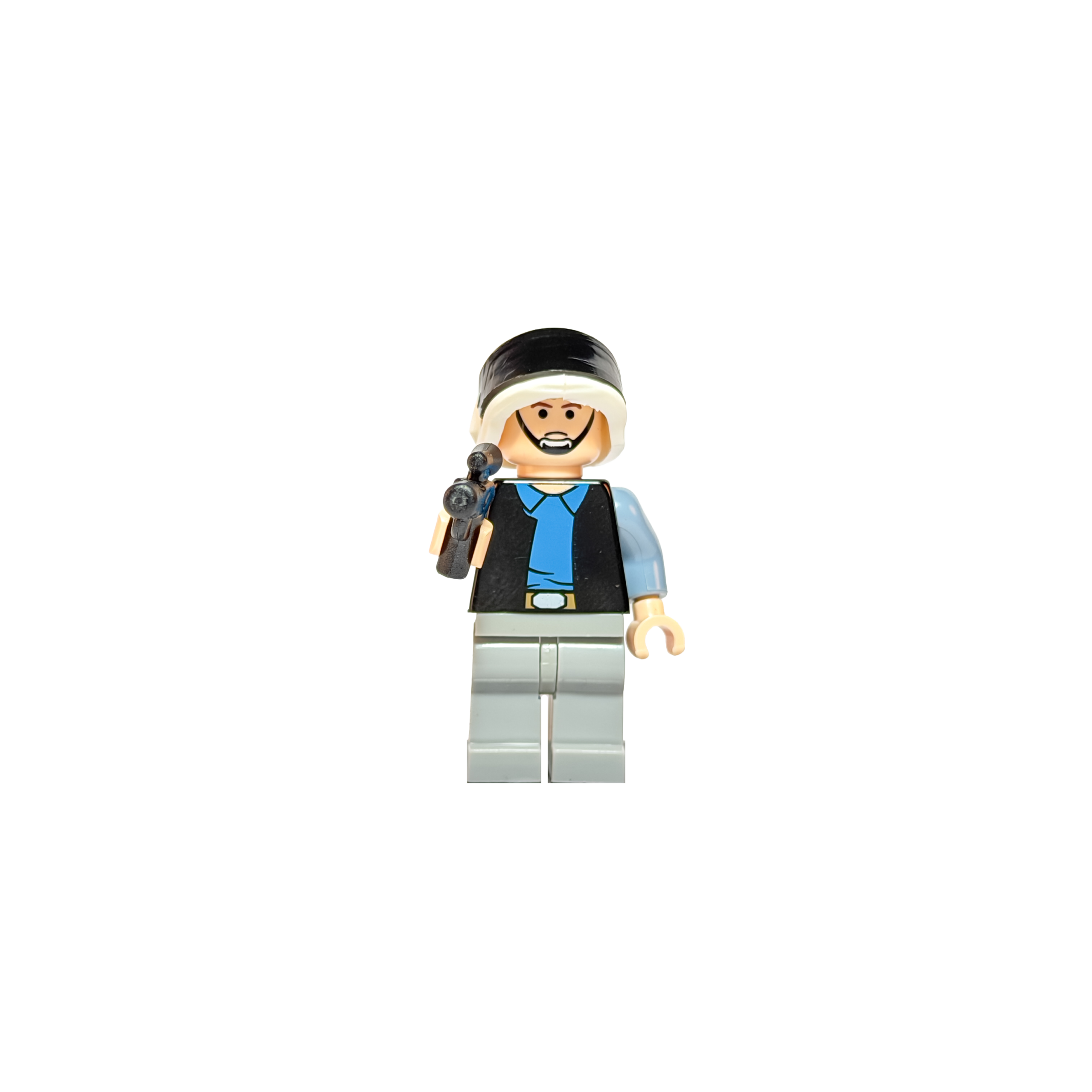 Minifigura de colección de un Soldado de la Flota Rebelde de Star Wars sobre un fondo negro puro. Viste una camisa azul claro, chaleco negro y pantalones gris claro. Su casco es blanco con una gran visera negra brillante en la parte superior. Tiene una expresión sonriente con barba ligera y sostiene un bláster negro apuntando hacia adelante.