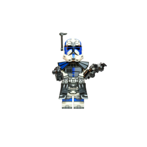 Minifigura de colección del ARC Trooper Jesse de la Legión 501 de Star Wars, sobre fondo negro puro. Luce su armadura clon con marcas azules, destacando el gran símbolo de la República pintado en su casco. Lleva equipamiento de fuerzas especiales que incluye hombrera, faldón (kama) impreso y empuña dos pistolas bláster.