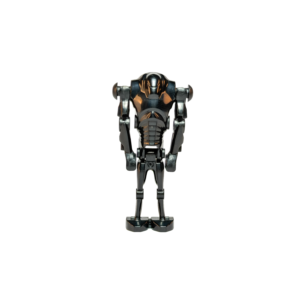 Figura de colección de un Super Droide de Combate B2 de Star Wars sobre un fondo negro puro. La figura es de color gris metalizado oscuro y brillante. Tiene un torso ancho y redondeado con brazos largos y piernas delgadas. La luz resalta las curvas metálicas de su blindaje, dándole un aspecto pesado y tecnológico.