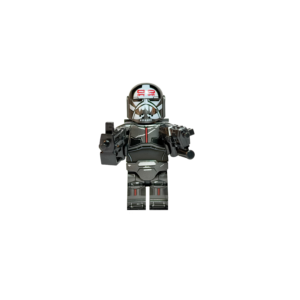 Minifigura de colección de Wrecker de The Bad Batch sobre un fondo negro puro. Viste una armadura gris oscuro con marcas rojas y grises. El casco tiene un diseño de calavera blanca en la parte frontal y el número 99 en rojo. Sostiene dos pistolas negras hacia adelante en una pose de combate agresiva.