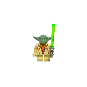Minifigura de colección del Maestro Yoda (estilo The Clone Wars) sobre un fondo negro puro. Tiene una cabeza verde oliva con ojos grandes y expresivos y orejas largas. Viste túnicas Jedi de color beige con detalles de líneas marrones. Sostiene verticalmente un sable de luz verde brillante en su mano izquierda.