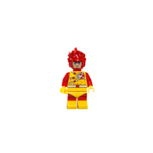 Minifigura de colección de Firestorm de DC Comics sobre un fondo blanco puro. Viste un traje amarillo brillante con mangas y botas rojas. El torso tiene un diseño de arnés plateado con puntos rojos y un símbolo de átomo. Su cabello está moldeado como llamas rojas translúcidas. Está parado sobre una base de exposición negra cuadrada.