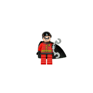 Minifigura de colección de Robin de DC Comics sobre un fondo blanco puro. Viste un traje rojo brillante con un cinturón amarillo y el logo de la letra "R" en el pecho. Tiene el cabello negro peinado hacia un lado, un antifaz negro y una capa de tela negra. Sostiene unas esposas plateadas en su mano izquierda y está parado sobre una base negra.