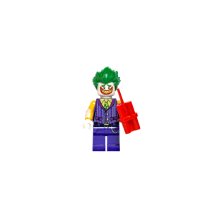 Minifigura de colección de El Guasón (The Joker) de DC Comics sobre un fondo blanco puro. Tiene el cabello verde brillante y una sonrisa malvada y ancha. Viste un chaleco púrpura a rayas sobre una camisa verde y pantalones púrpuras. Sostiene un manojo de dinamita roja en su mano izquierda. Está parado sobre una base de exposición negra.