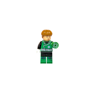 Minifigura de colección de Linterna Verde (Guy Gardner) de DC Comics sobre un fondo blanco puro. Viste un traje negro con un chaleco verde y un cinturón plateado. Tiene el cabello castaño con corte estilo tazón. Sostiene un escudo circular verde translúcido con el logo de Linterna Verde impreso hacia adelante. Está parado sobre una base negra.