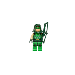 Minifigura de colección de Flecha Verde (Green Arrow) de DC Comics sobre un fondo blanco puro. Viste un traje verde brillante con detalles de armadura impresos. Lleva una capucha verde oscuro sobre la cabeza y un antifaz verde. Sostiene un arco largo verde en su mano izquierda. Está parado sobre una base de exposición negra cuadrada.