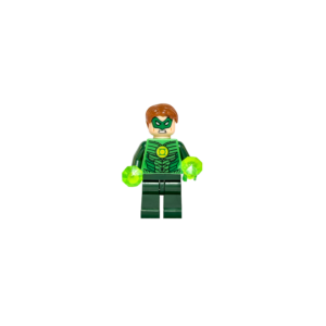 Minifigura de colección de Linterna Verde (Hal Jordan) de DC Comics sobre un fondo blanco puro. Viste un traje verde oscuro y verde claro con el logo del Cuerpo de Linternas Verdes en el pecho. Tiene el cabello castaño, un antifaz verde y sostiene dos piezas redondas verdes translúcidas en sus manos que simulan energía. Está parado sobre una base de exposición negra.