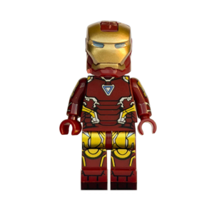 Minifigura de colección de Iron Man (Tony Stark) de Marvel, vistiendo su clásica armadura metálica roja y dorada, con casco cerrado y piezas translúcidas simulando disparos de energía en las manos, sobre fondo blanco.