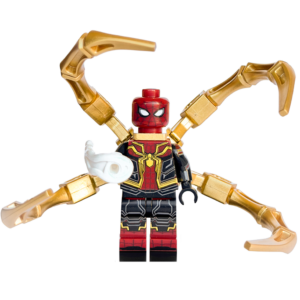 Minifigura de colección de Spider-Man (Iron Spider) de Marvel, vistiendo una armadura metálica roja, azul y dorada, destacando cuatro brazos mecánicos dorados extendidos desde su espalda, sobre fondo blanco.
