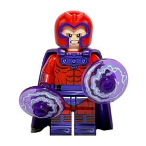 Minifigura de colección de Magneto de Marvel X-Men (Erik Lehnsherr), luciendo su clásico traje rojo con capa de tela púrpura, llevando su característico casco protector, y canalizando poder magnético con efectos de energía translúcida en las manos, sobre fondo blanco.