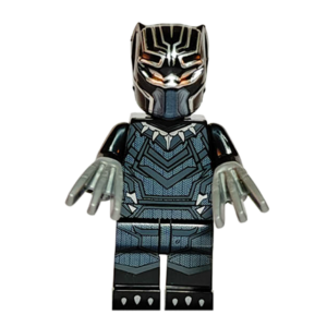 Minifigura de colección de Black Panther de Marvel, vistiendo un traje negro ajustado con líneas y detalles plateados simulando vibranium, luciendo un casco cerrado con orejas de felino, sobre fondo blanco.