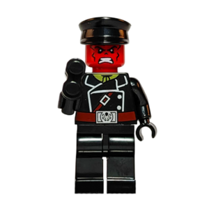 Minifigura de colección de Red Skull (Cráneo Rojo) de Marvel Capitán América, vistiendo un uniforme militar oscuro, destacando su terrorífica cabeza roja esquelética y sosteniendo un cubo azul brillante que simula el Teseracto, sobre fondo blanco.