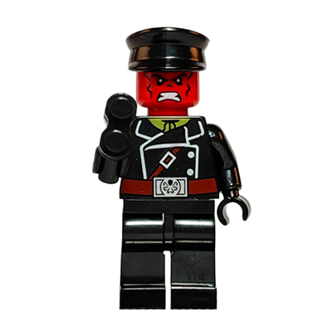 Minifigura de colección de Red Skull (Cráneo Rojo) de Marvel Capitán América, vistiendo un uniforme militar oscuro, destacando su terrorífica cabeza roja esquelética y sosteniendo un cubo azul brillante que simula el Teseracto, sobre fondo blanco.