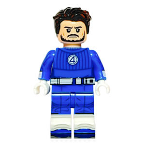 Minifigura de colección de Mr. Fantastic (Reed Richards) de Marvel Cuatro Fantásticos, vistiendo un traje azul ajustado con un gran número 4 en el pecho y mostrando sus características canas en el cabello, sobre fondo blanco.