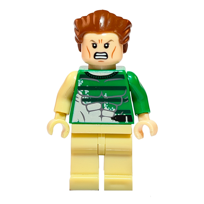 Minifigura de colección de Sandman (Hombre de Arena) de Marvel Spider-Man, vistiendo una remera verde a rayas, destacando brazos transformados en arena sobre fondo blanco.