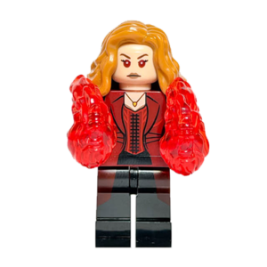 Minifigura de colección de Bruja Escarlata (Scarlet Witch) de Marvel, luciendo su traje de superheroína rojo oscuro detallado con capa de tela roja, su corona característica sobre el cabello castaño oscuro, y canalizando magia de caos translúcida color rojo brillante en ambas manos, sobre fondo blanco.